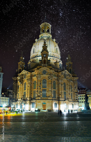 Old Dresden Frauenkirche Elbflorenz at night  and with sunset