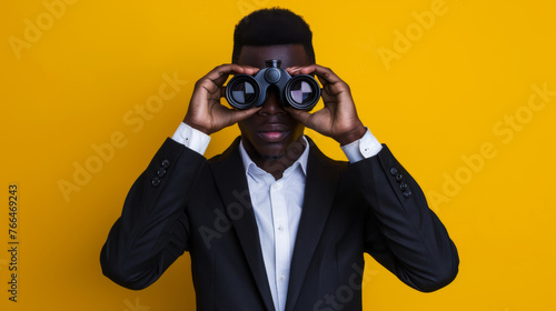 A man in a suit holds binoculars to his eyes against a yellow background. © VLA Studio