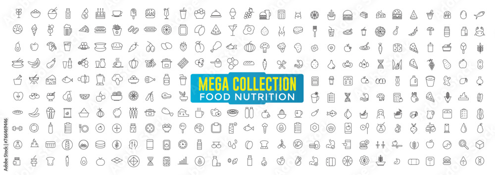 Fototapeta premium Food and Nutrition icons mega collection. Related to wellness, wellbeing, mental health, healthcare, cosmetics, spa, medical. Outline icon collection.