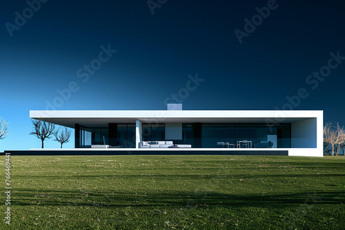A newly built suburban house, modern minimalist design, large flat lawn, no trees yet, stark against a deep blue sky, a symbol of new beginnings, real suburbs house,