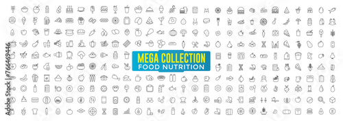 Food and Nutrition icons mega collection. Related to wellness, wellbeing, mental health, healthcare, cosmetics, spa, medical. Outline icon collection.
