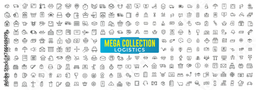 Big collection icon set. Related delivery and logistics. Outline icon collection. Supply chain, value chain, logistic, delivery, manufacturing, commerce. photo