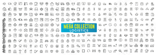 Big collection icon set. Related delivery and logistics. Outline icon collection. Supply chain, value chain, logistic, delivery, manufacturing, commerce.