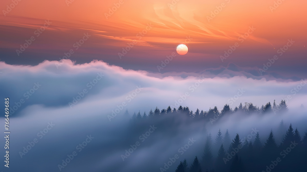 Fototapeta premium Enigmatic Sunset Veiled in Fog. Generative AI
