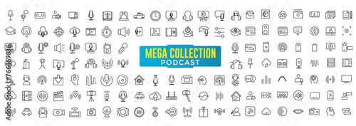 Podcast icons mega set. Podcasting, Radio format, live communication, Interview, linear icon collection. Line with editable stroke collection.