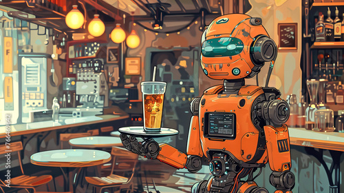 Color illustration - Meet your new waiter: the futuristic robot with a tray of refreshments © Dzenka