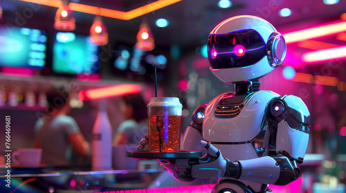 Color illustration - The robot waiter: your dedicated server with a tray of beverages photo