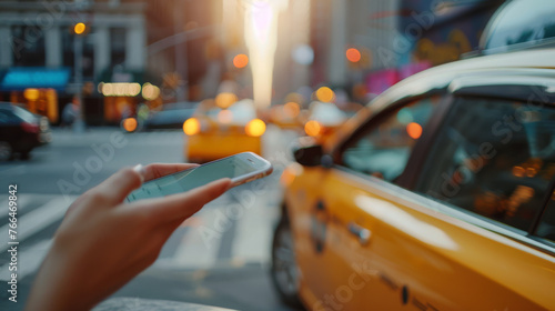 A hand holds a smartphone with a blurred yellow taxi in the background. photo
