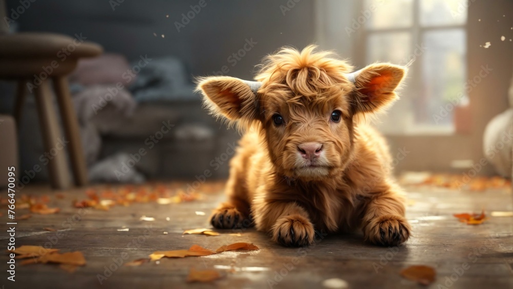 A heartwarming image of a cute Highland calf with shaggy hair lying on a wooden floor surrounded by fallen leaves and soft sunlight A heartwarming image of a cute Highland calf with shaggy hair lying on a wooden floor surrounded by fallen leaves and soft sunlight