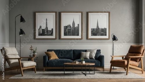 A tastefully arranged living room featuring stylish furniture, cityscape framed art and a cozy, welcoming ambience photo