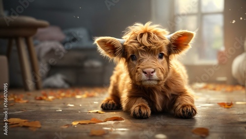 A heartwarming image of a cute Highland calf with shaggy hair lying on a wooden floor surrounded by fallen leaves and soft sunlight