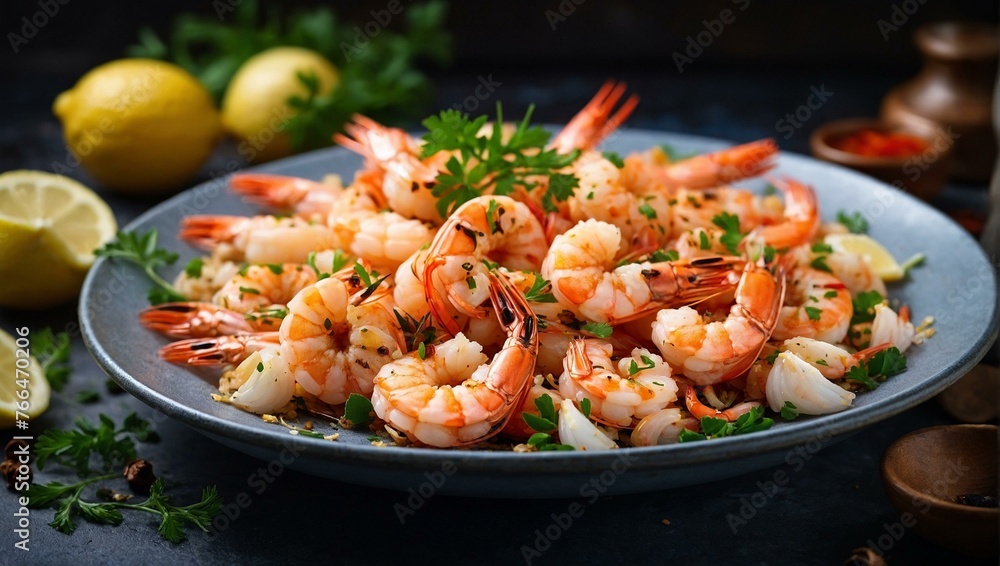 A tantalizing plate of seasoned grilled shrimps garnished with fresh parsley and lemon slices, ready to be served