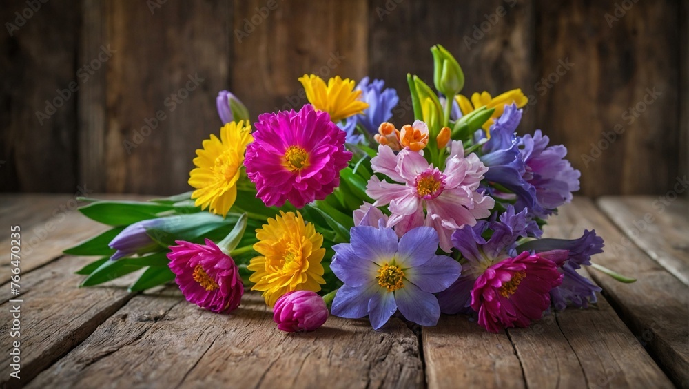 A beautiful bouquet of fresh, colorful spring flowers arranged against a rustic wooden backdrop