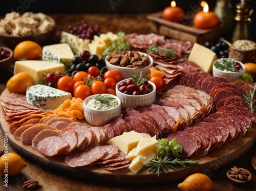 An array of meats, cheeses, and fruits laid out enticingly on a wooden board for a feast