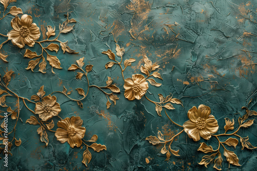 Vintage gold floral pattern on a verdigris canvas. Background image. Created with Generative AI technology.