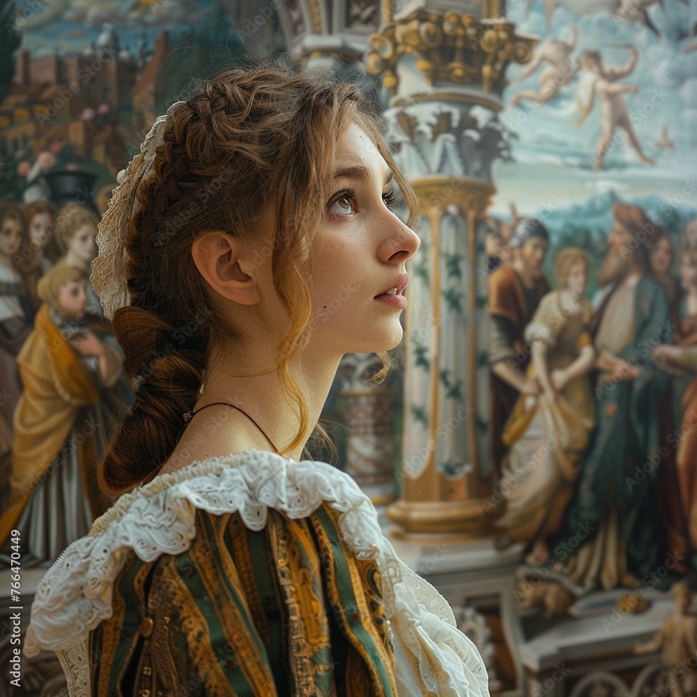 Bring the splendor of Renaissance art to life from a side view perspective, highlighting the exquisite details and historical significance in a visually captivating image that tells a story of artisti