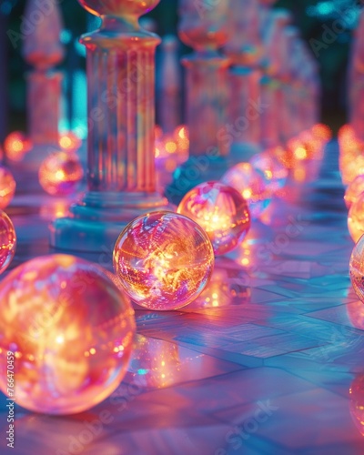 Bring to life the enchanting allure of glowing ornamental balls with a creative tilted angle perspective, highlighting their beauty and inviting ambiance
