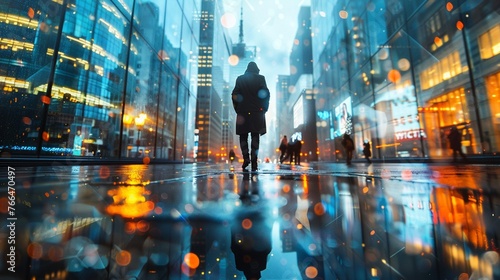 Capture a thought-provoking image of a lone figure in the midst of a bustling city, symbolizing the evolving perspective on solitude in a hyperconnected society Emphasize the contrast between solitude