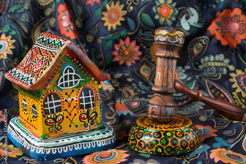 A brightly painted, folk-art miniature house next to a hand-painted, colorful gavel, both sitting on a handmade, patterned textile, reflecting cultural legal traditions.
