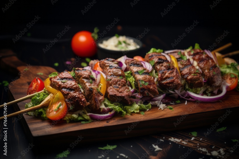 Exquisite kebab on a wooden board against a dark background