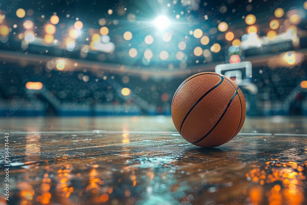 A Basketball on a glossy court with dramatic stadium lighting A Basketball on a glossy court with dramatic stadium lighting