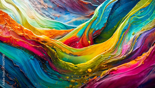 Vibrant, multicolored abstract art texture. Liquid acrylic paint forms dynamic, flowing patterns.