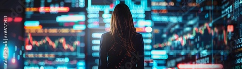 A Back view of a businesswoman analyzing glowing stock market data boards in a high-tech digital environment.