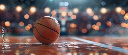 A Basketball on a glossy court with dramatic stadium lighting