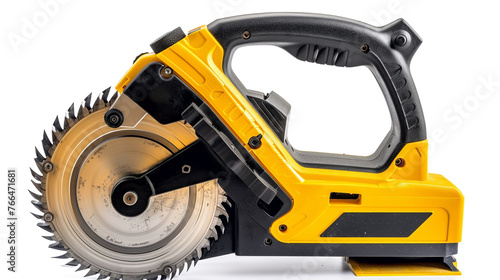 The electrically powered saw with blade and handle is yellow  black  and gray in color on a white background.