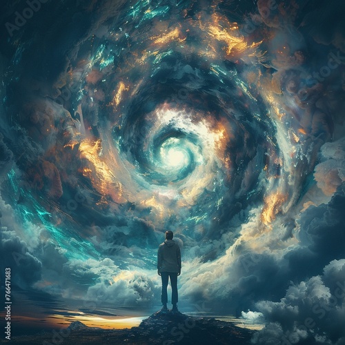Ignite imagination with a mesmerizing rear view illustration, showing a person transfixed by a digital portal opening in the sky Convey a sense of awe and contemplation as the simulated reality unrave photo