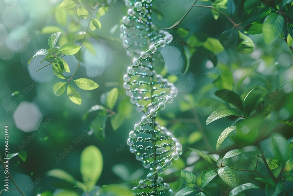 A digitally rendered DNA helix surrounded by green plant leaves A digitally rendered DNA helix surrounded by green plant leaves