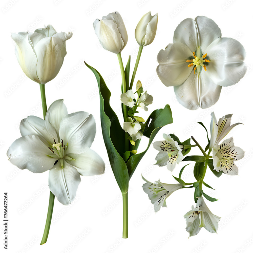 Set of natural white flowers: eustoma, tulip, alstroemeria and lily, isolated on black