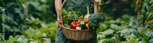 A Farmer carrying a large basket of diverse fresh vegetables in a lush green garden