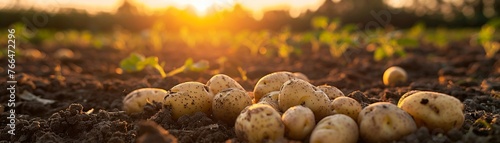 A Freshly unearthed potatoes lying in fertile soil at sunset on a farm photo
