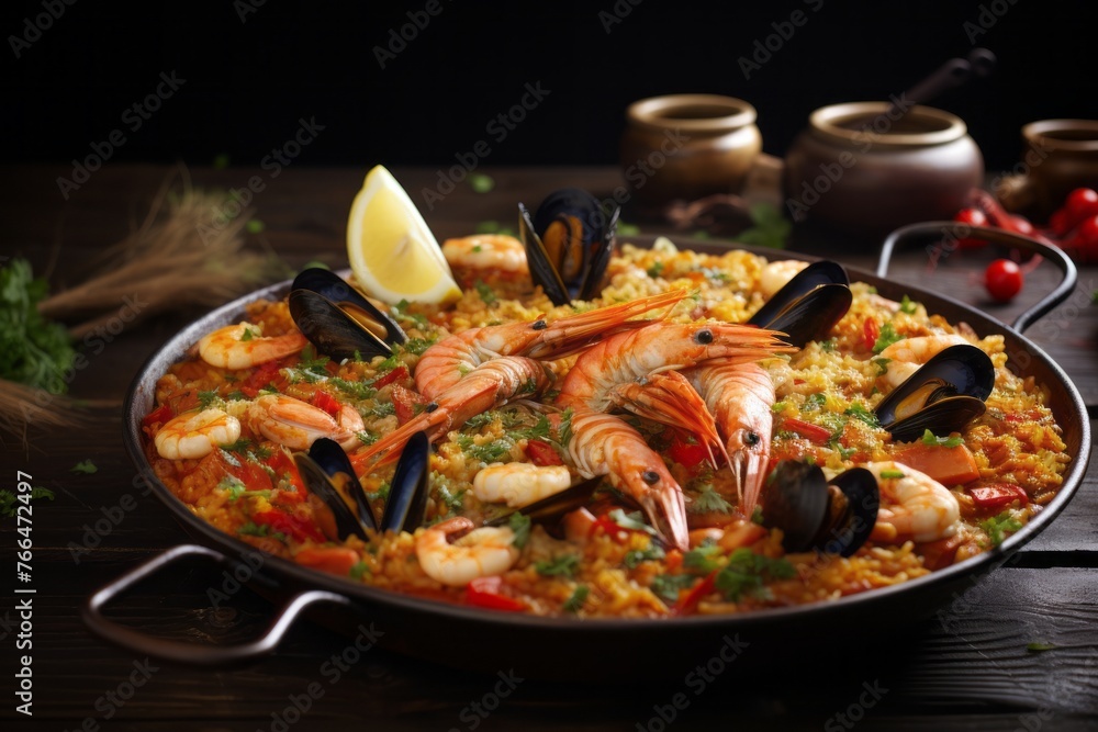 Tempting paella on a slate plate against a whitewashed wood background