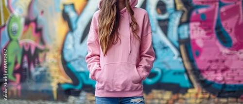 young woman with a pink hoodie and a wall with graffiti in the background. girl stays outdoor against graffiti wall, exuding urban chic.. Clothing mockup. Generative ai © Mickael