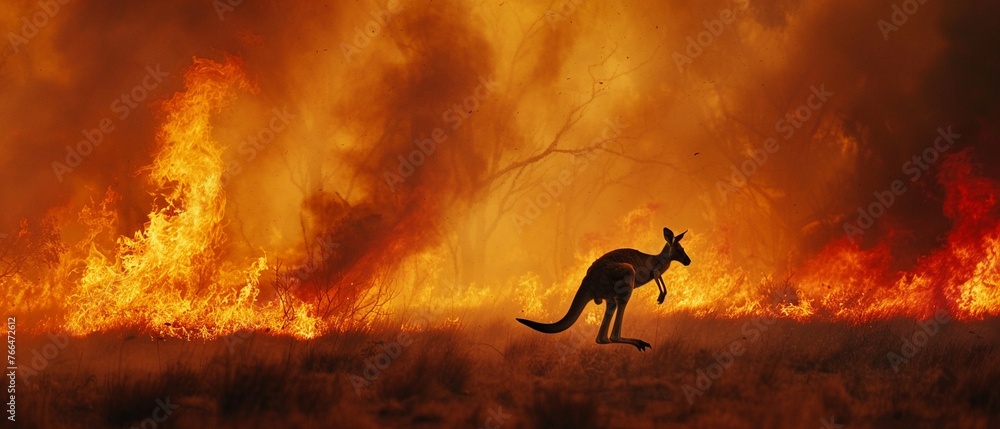 A lone kangaroo bounds away from the intense flames and smoke of a raging Australian bushfire. A lone kangaroo bounds away from the intense flames and smoke of a raging Australian bushfire.