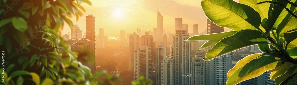 A Lush green plants overlooking a city skyline with the warm glow of sunrise illuminating the urban landscape.