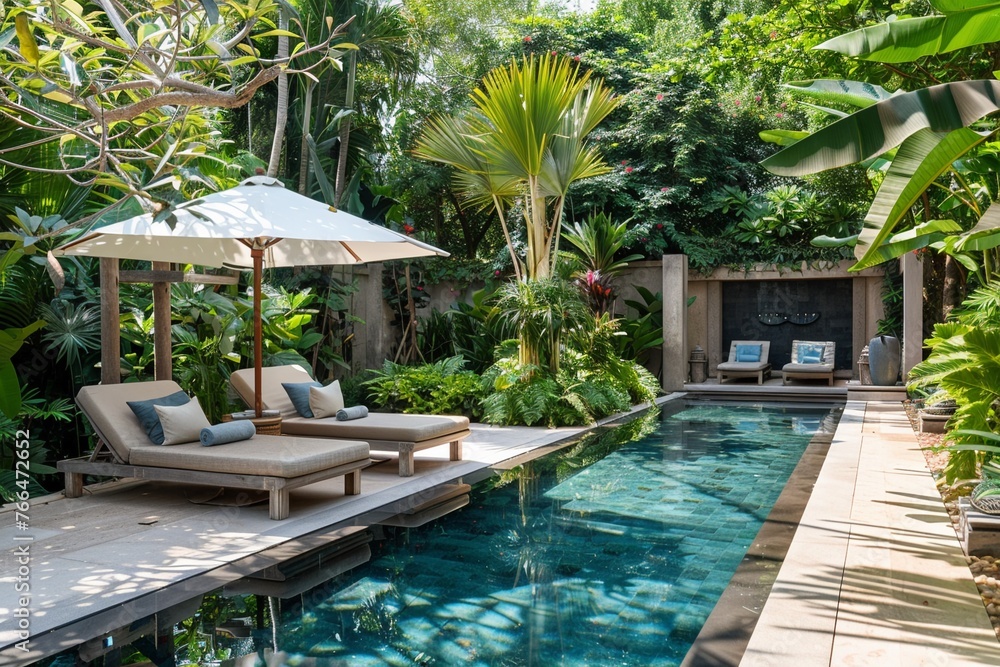 A Luxury poolside lounging area surrounded by a verdant tropical garden
