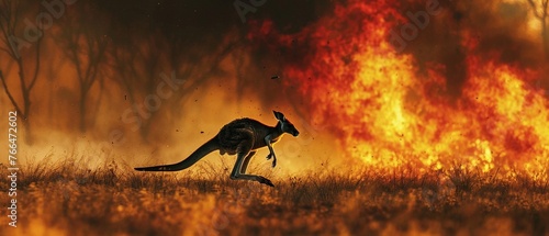 A lone kangaroo bounds away from the intense flames and smoke of a raging Australian bushfire. © Creative_Bringer