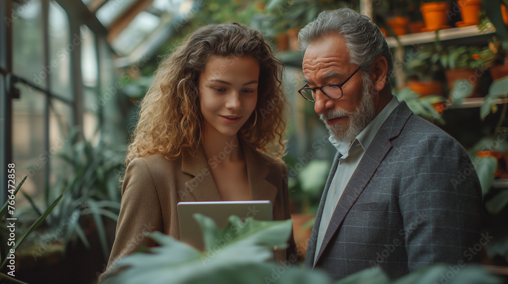 Young girl showing something on tablet to businessman Young girl showing something on tablet to businessman