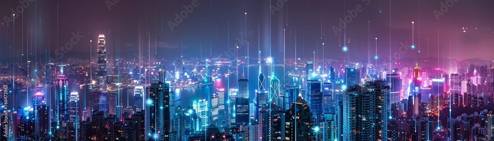 A panoramic view of a city skyline at night