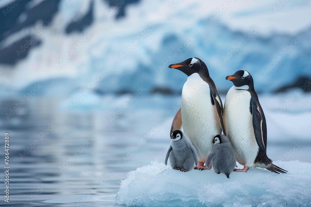 Naklejka premium A penguin parent with chicks on a small ice floe