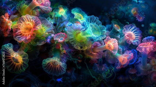 A Panoramic banner of colorful bioluminescent organisms in a deep sea environment