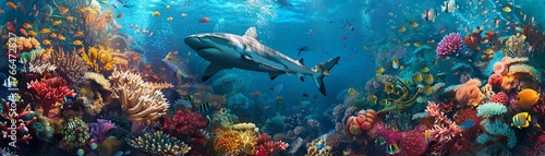 A Panoramic underwater scene with a shark swimming near a vibrant coral reef teeming with fish.
