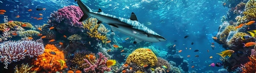 A Panoramic underwater scene with a shark swimming near a vibrant coral reef teeming with fish. © Creative_Bringer