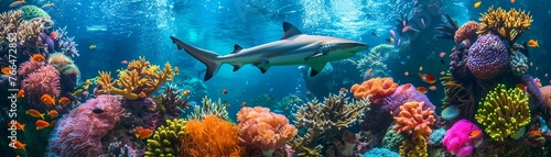 A Panoramic underwater scene with a shark swimming near a vibrant coral reef teeming with fish.