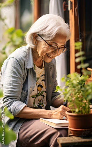 Elderly senior woman takes care of haurasplants, home gardening balcony