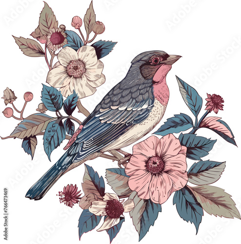 Avian Swallow Harmony Birds Perched Among Blossoms Vector element