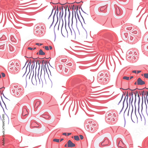Pink jellyfish seamless pattern flat design